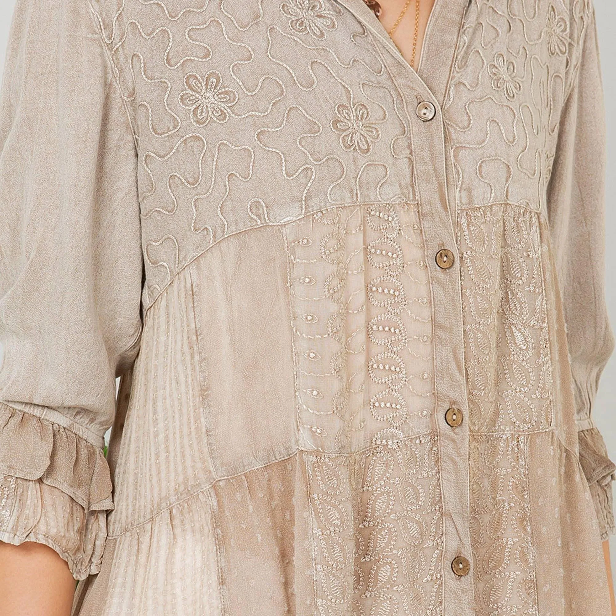 60s Caravan Boho Button-Down Shirt Patchwork And Embroidery: Latte