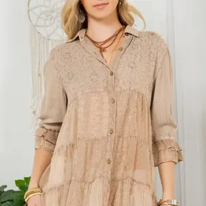 60s Caravan Boho Button-Down Shirt Patchwork And Embroidery: Latte