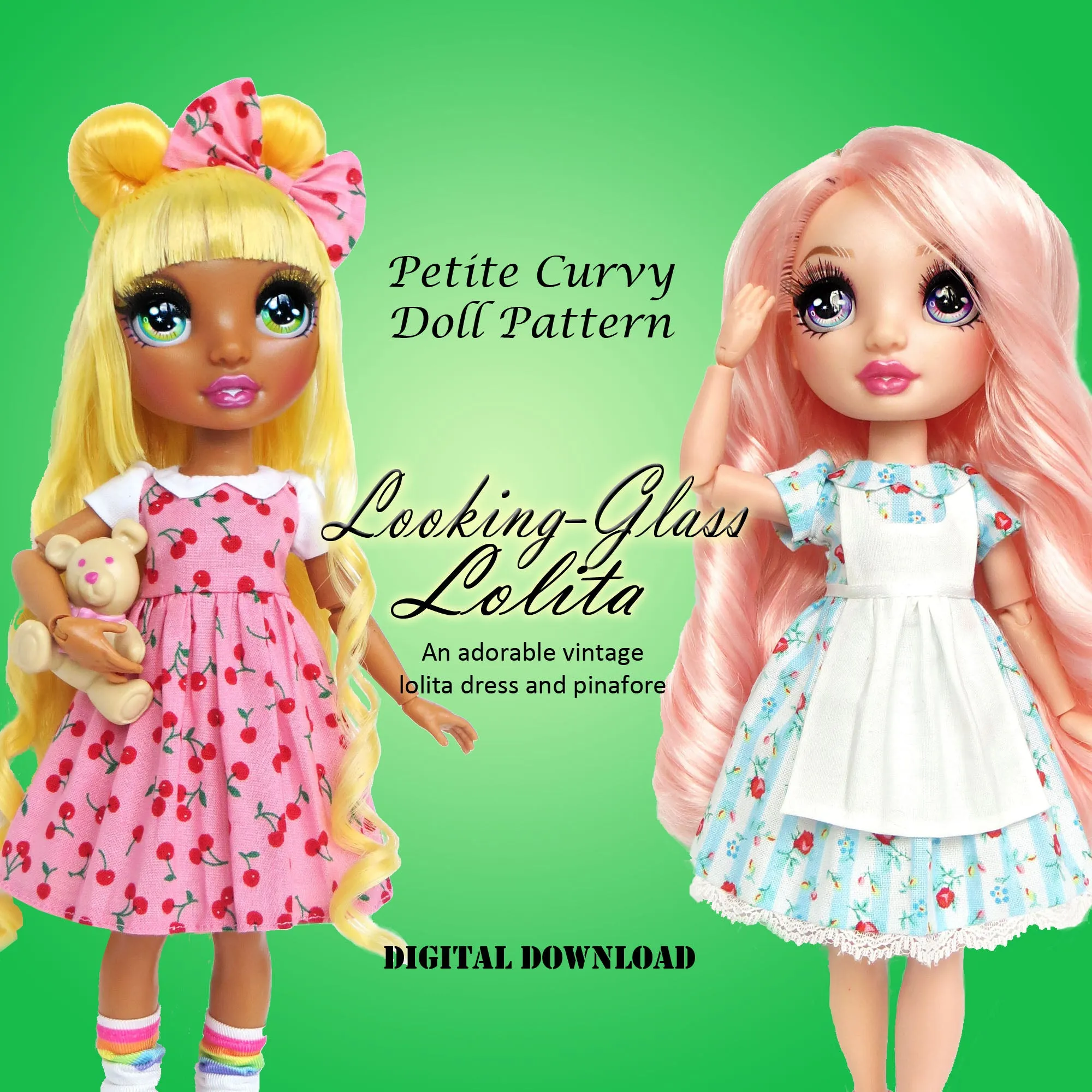 PC Looking Glass Lolita 11" Fashion Doll - Wonderland Alice Dress and apron/pinafore outfit - Downloadable RAD Doll Clothes PDF Sewing Pattern