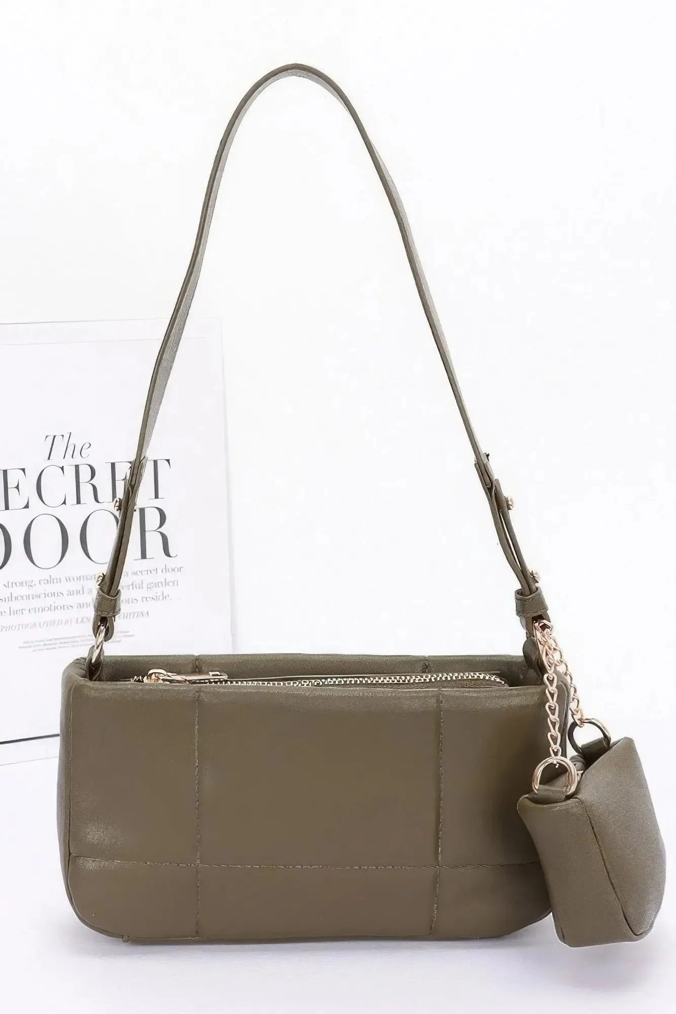 Quilted Faux Leather Shoulder Bag W/ Airpod Bag