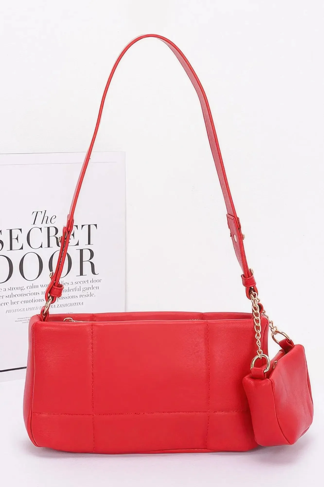 Quilted Faux Leather Shoulder Bag W/ Airpod Bag