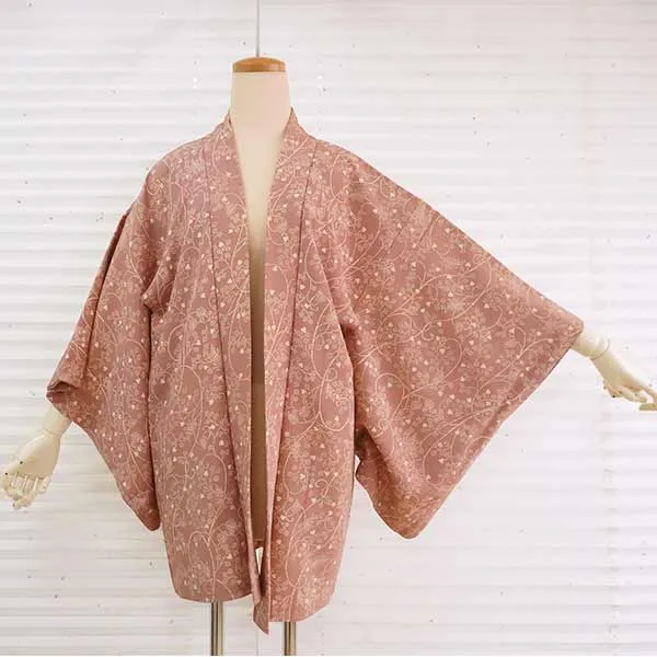Vintage Haori Kimono Jacket Silk, Muted Pink, Maples, Classic Arabesque Pattern