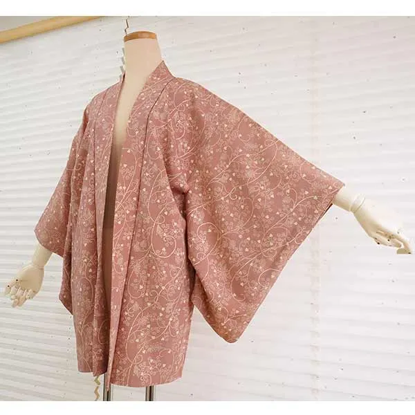 Vintage Haori Kimono Jacket Silk, Muted Pink, Maples, Classic Arabesque Pattern